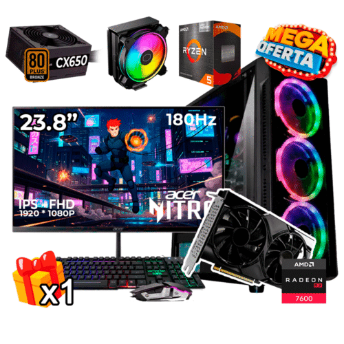 PC Gamer AMD Ryzen 5 5600GT + RX 7600 8GB + 16GB RAM DDR4 + 512GB SSD + 650W 80 PLUS BRO + MONITOR 23.8P + HALO 212 P.GR56162SKE-HALORX760023.8