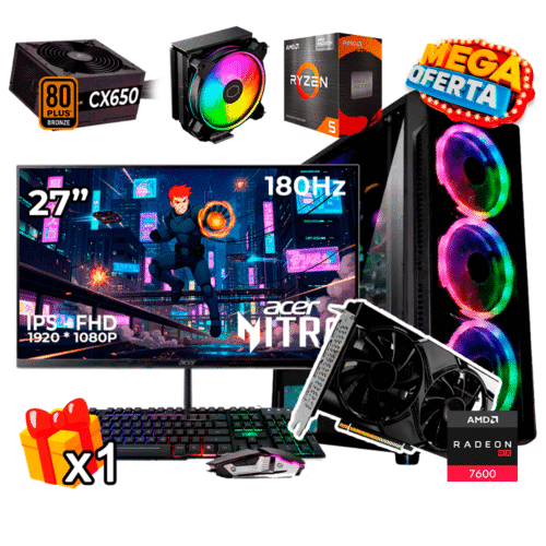PC Gamer AMD Ryzen 5 5600GT + RX 7600 8GB + 16GB RAM DDR4 + 512GB SSD + 650W 80 PLUS BRO + MONITOR 27P + HALO 212 P.GR56162SKE-HALORX760027
