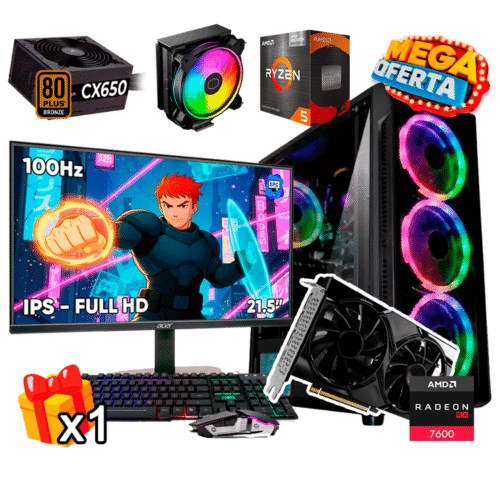 PC Gamer AMD Ryzen 5 5600GT + RX 7600 8GB + 16GB RAM DDR4 + 512GB SSD + 650W 80 PLUS BRO + MONITOR 21.5P + HALO 212 P.GR56162SKE-HALORX7600