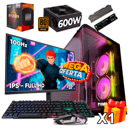 PC Gamer AMD Ryzen 7 5700G + 16GB RAM DDR4 + 512GB SSD + FUENTE 600W BRONZE + MONITOR 21.5 PULGADAS