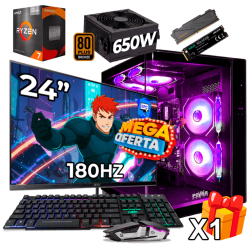 PC Gamer AMD Ryzen 7 5700G + 16GB RAM DDR4 + 512GB SSD + FUENTE 650W BRONZE + MONITOR 24 PULGADAS