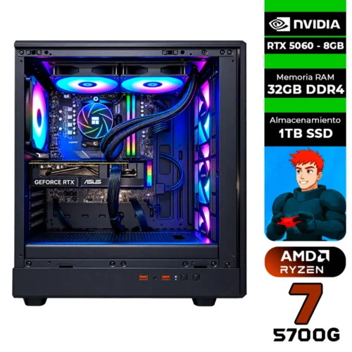 PC GAMER AMD RYZEN 7 5700G + GRÁFICA RTX 5060 8GB + 32GB RAM DDR4 + 1TB SSD + 750W 80 BRONZE + LIQUÍDA 240MM CHASIS COGUAR AIRFACE PURE RGB (SOLO TORRE)