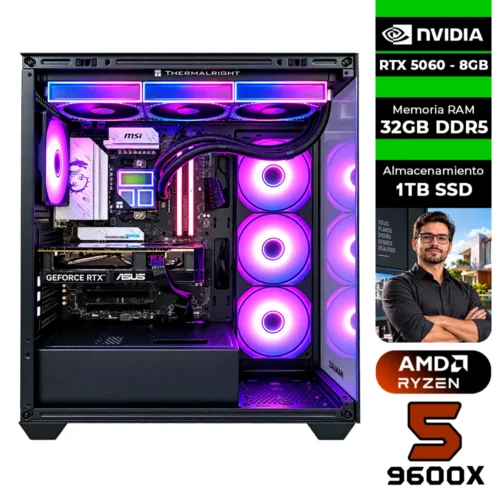 Computador para arquitectos AMD RYZEN 5 9600X + RTX 5060 8GB + 32GB RAM DDR5 + 1TB SSD + 850W 80 GOLD + REFRIGERACIÓN 360mm + CHASIS RAIDMAX INFINITA i800 (SOLO TORRE)