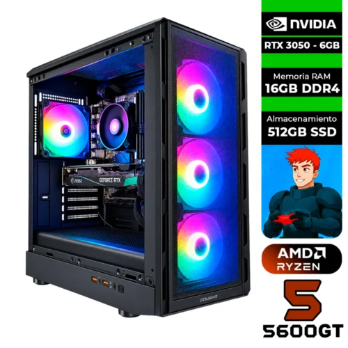 PC GAMER AMD RYZEN 5 5600GT + RTX 3050 6GB - 16GB RAM DDR4 + 512GB SSD + CHASIS COGUAR AIRFACE PURE RGB (SOLO TORRE)