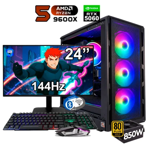 PC GAMER AMD RYZEN 5 9600X + GRÁFICA RTX 5060 8GB + 16GB RAM DDR5 + 1TB SSD + 850W 80 GOLD + MONITOR 24" PULGADAS 144Hz + CHASIS COGUAR AIRFACE PURE RGB