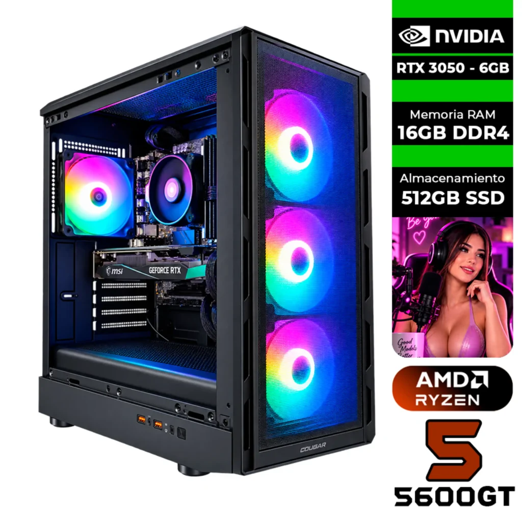 COMPUTADOR PARA TRANSMITIR EN VIVO - AMD RYZEN 5 5600GT + RTX 3050 6GB - 16GB RAM DDR4 + 512GB SSD + CHASIS COGUAR AIRFACE PURE RGB (SOLO TORRE)