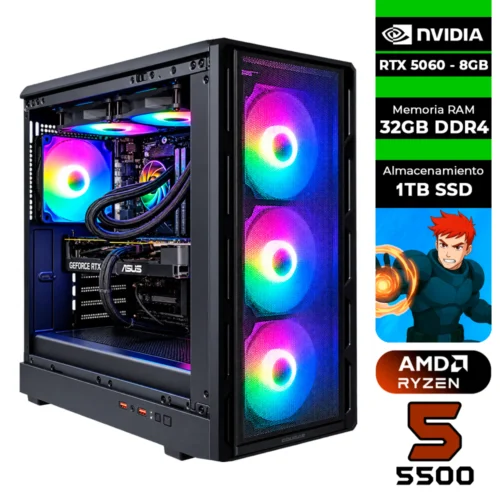 PC GAMER AMD RYZEN 5 5500 + GRÁFICA RTX 5060 8GB + 32GB RAM DDR4 + 1TB SSD + 750W 80 BRONZE + LÍQUDA 240MM CHASIS COGUAR AIRFACE PURE RGB (SOLO TORRE)