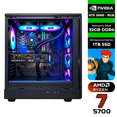 PC GAMER AMD RYZEN 7 5700 + GRÁFICA RTX 5060 8GB + 32GB RAM DDR4 + 1TB SSD + 750W 80 BRONZE + LÍQUDA 240MM CHASIS COGUAR AIRFACE PURE RGB (SOLO TORRE)