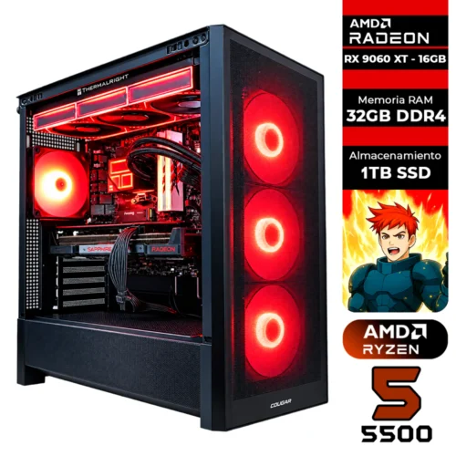 PC GAMER AMD RYZEN 5 5500 + AMD RADEON RX 9060 XT 16GB + 32GB RAM DDR4 + 1TB SSD + 850W 80 GOLD + CHASIS GAMER COGUAR MX230 (SOLO TORRE)