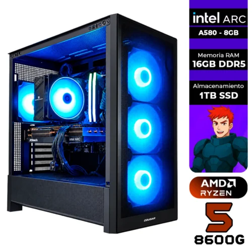 PC GAMER AMD RYZEN 5 8600G + INTEL ARC A580 8GB + 16GB RAM DDR5 + 1TB SSD + 650W 80 BRONZE + CHASIS GAMER COGUAR MX230 (SOLO TORRE)