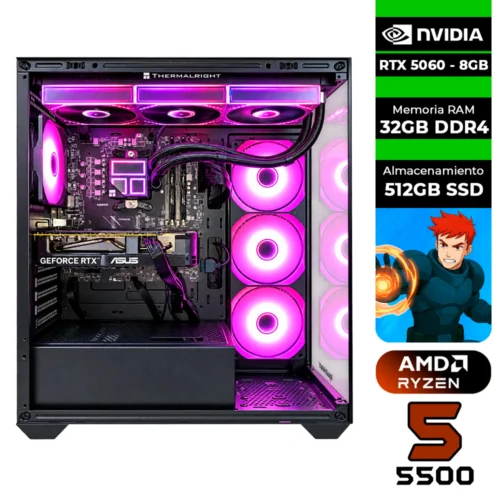 PC GAMER AMD RYZEN 5 5500 + GRÁFICA RTX 5060 8GB + 32GB RAM DDR4 + 512GB SSD + 750W 80 BRONZE + LÍQUDA 360MM CHASIS GAMER PECERA RAIDMAX i800 (SOLO TORRE)