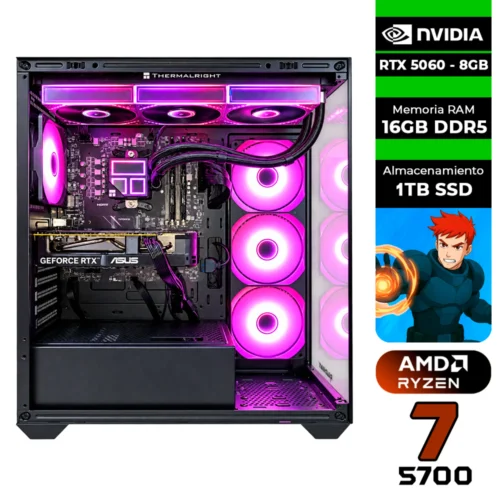 PC GAMER AMD RYZEN 7 5700 + GRÁFICA RTX 5060 8GB + 16GB RAM DDR4 + 1TB SSD + 750W 80 BRONZE + LÍQUDA 360MM CHASIS GAMER PECERA RAIDMAX i800 (SOLO TORRE)