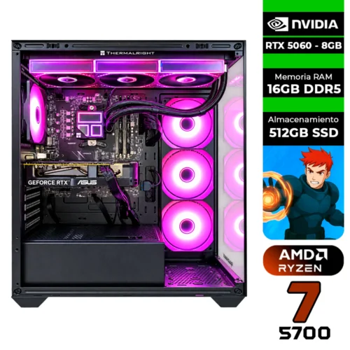 PC GAMER AMD RYZEN 7 5700 + GRÁFICA RTX 5060 8GB + 16GB RAM DDR4 + 512GB SSD + 750W 80 BRONZE + LÍQUDA 360MM CHASIS GAMER PECERA RAIDMAX i800 (SOLO TORRE)