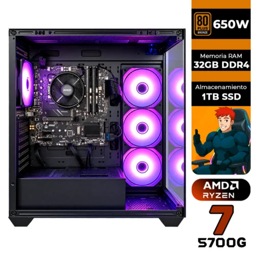 PC GAMER AMD RYZEN 7 5700G + 32GB RAM DDR4 + 1TB SSD + 650W 80 BRONZE + CHASIS GAMER PECERA RAIDMAX i800 (SOLO TORRE)